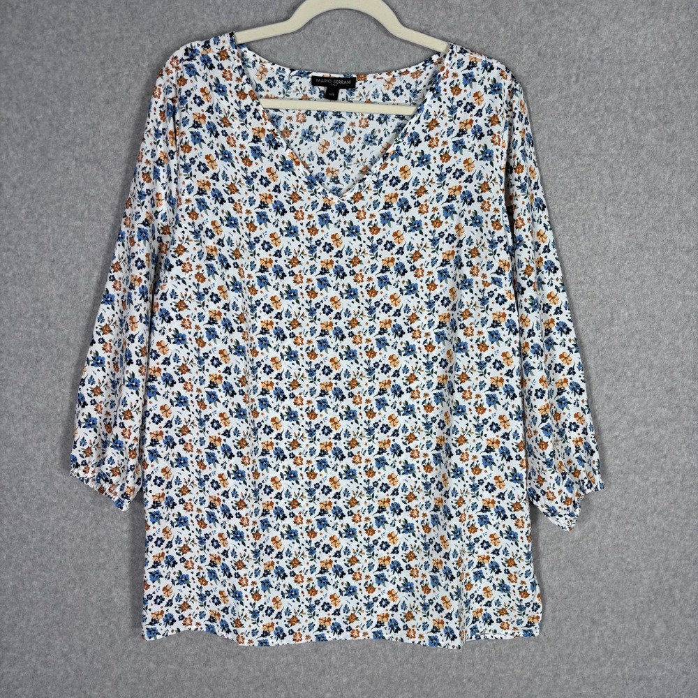 Mario‎ Serrani Blouse Large Blue Orange Floral Pullover Cottage Peasant Boho
